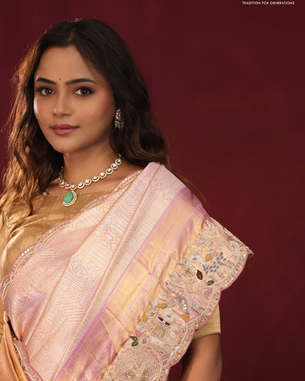 Golden tissue kanchipuram silk saree with allover zari weaves & border embroidery