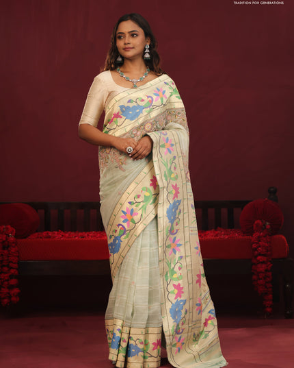 Pista green banarasi organza silk saree with paithani style border & embroidery