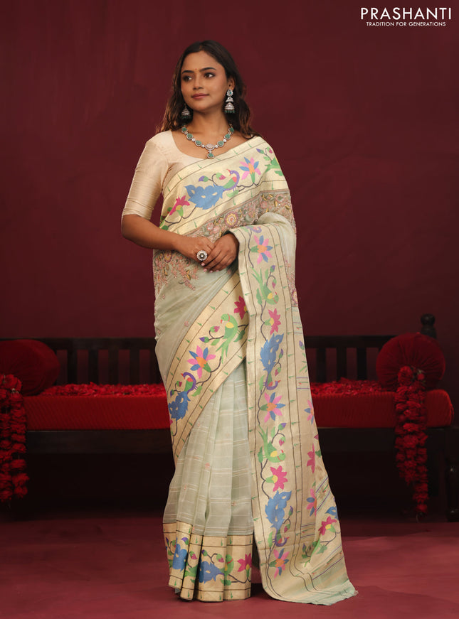 Pista green banarasi organza silk saree with paithani style border & embroidery