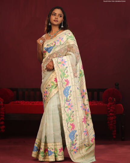 Pista green banarasi organza silk saree with paithani style border & embroidery