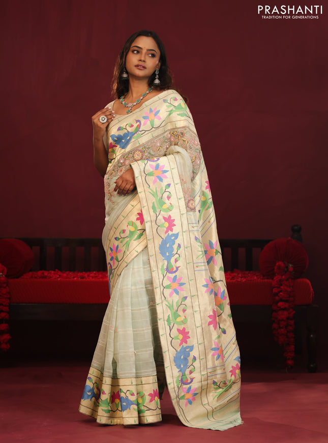 Pista green banarasi organza silk saree with paithani style border & embroidery