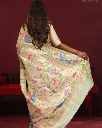 Pista green banarasi organza silk saree with paithani style border & embroidery