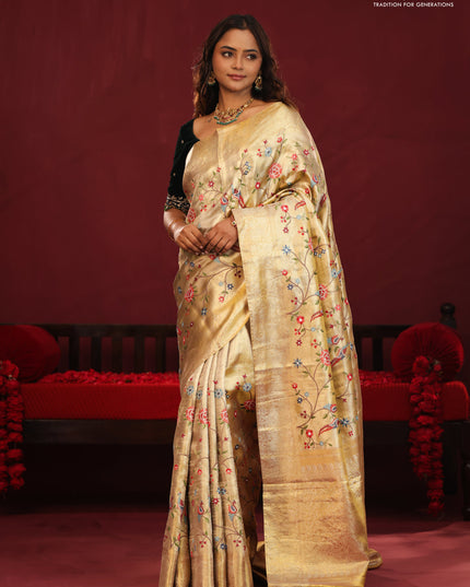 Golden tissue pure kanchipuram silk saree with allover embroidery