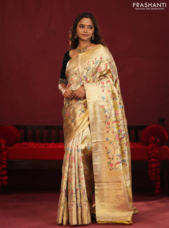 Golden tissue pure kanchipuram silk saree with allover embroidery