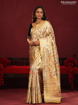 Golden tissue pure kanchipuram silk saree with allover embroidery