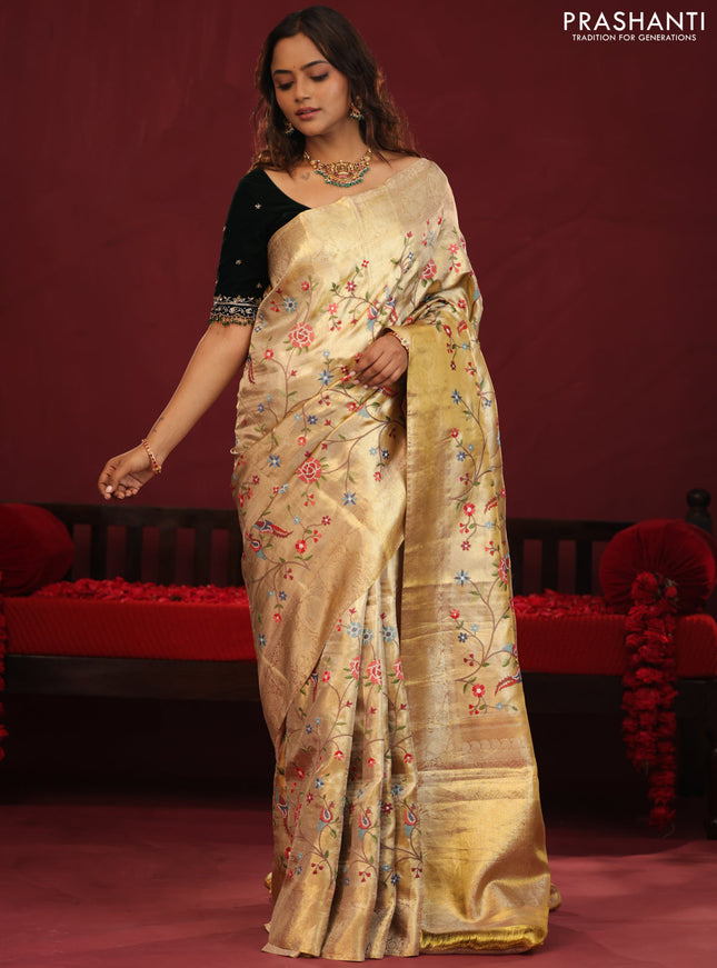 Golden tissue pure kanchipuram silk saree with allover embroidery