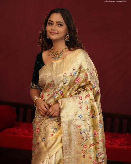 Golden tissue pure kanchipuram silk saree with allover embroidery