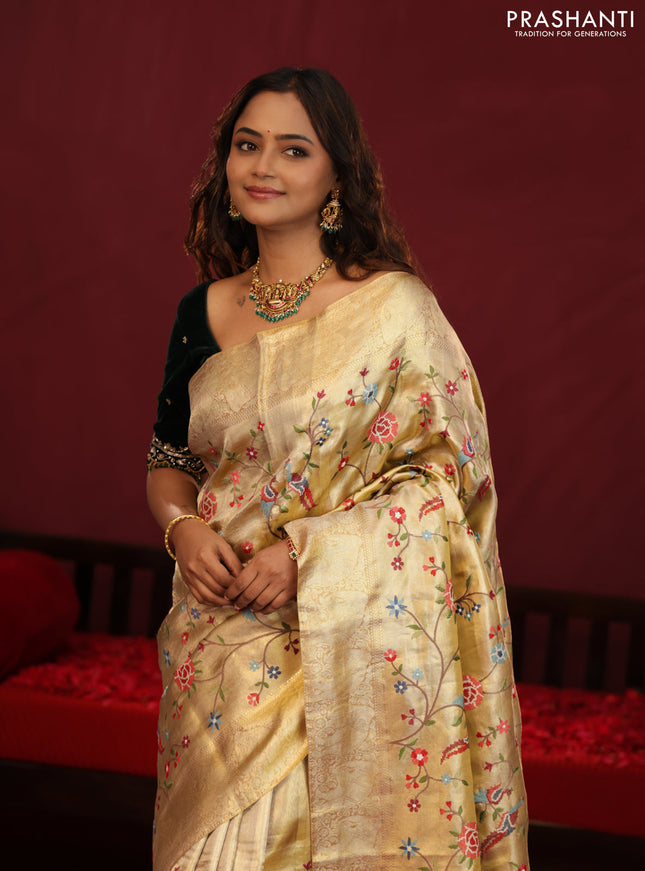 Golden tissue pure kanchipuram silk saree with allover embroidery