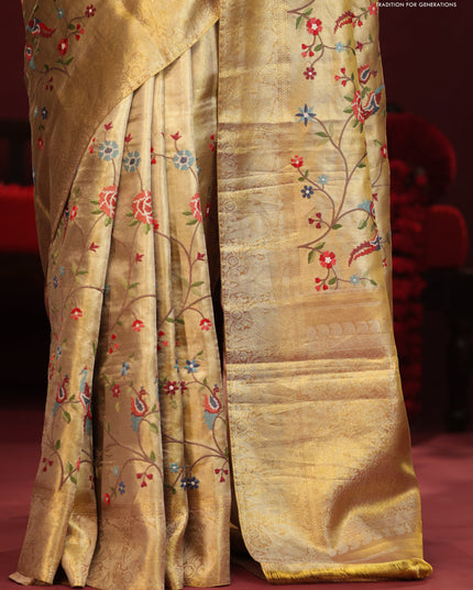 Golden tissue pure kanchipuram silk saree with allover embroidery