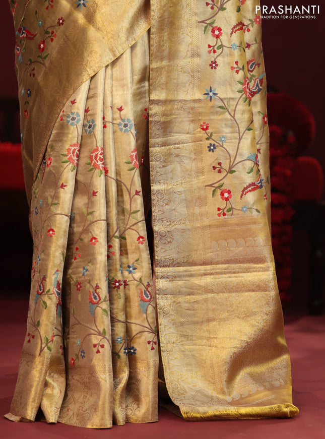 Golden tissue pure kanchipuram silk saree with allover embroidery