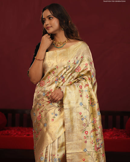 Golden tissue pure kanchipuram silk saree with allover embroidery