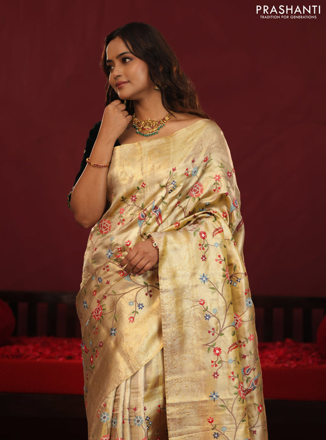 Golden tissue pure kanchipuram silk saree with allover embroidery