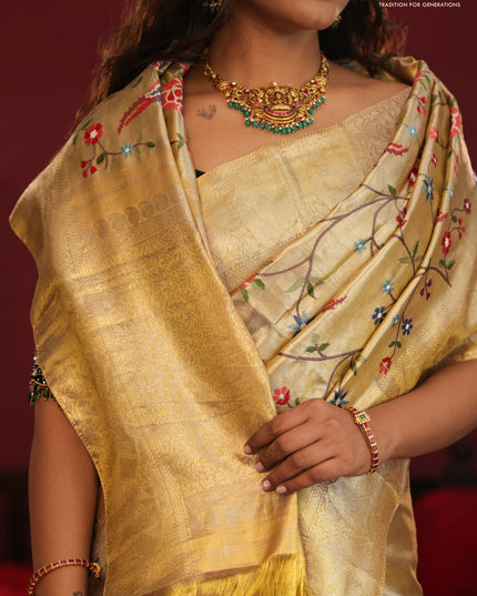 Golden tissue pure kanchipuram silk saree with allover embroidery
