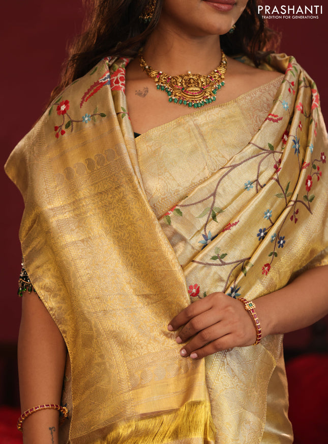 Golden tissue pure kanchipuram silk saree with allover embroidery