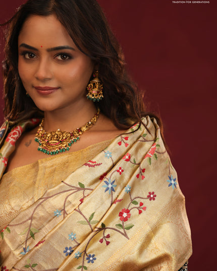 Golden tissue pure kanchipuram silk saree with allover embroidery