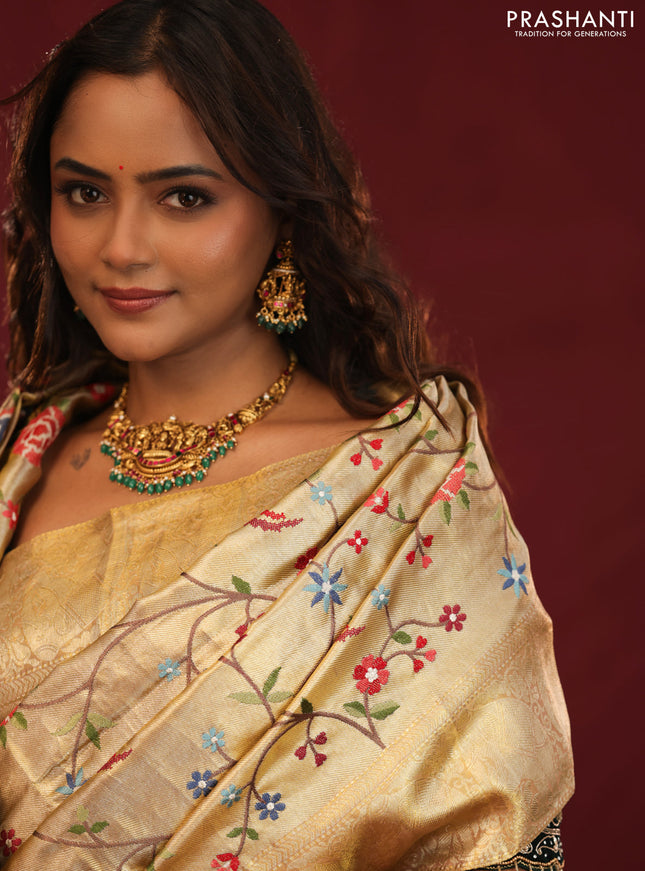 Golden tissue pure kanchipuram silk saree with allover embroidery