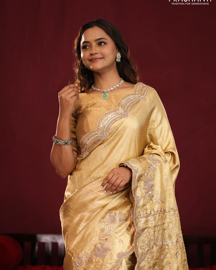 Gold pure kanchipuram tissue silk saree with embroidery border & pallu