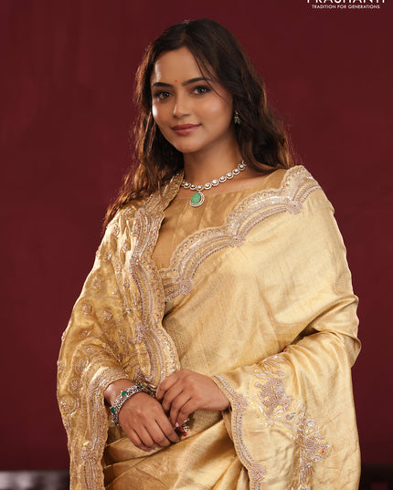 Gold pure kanchipuram tissue silk saree with embroidery border & pallu