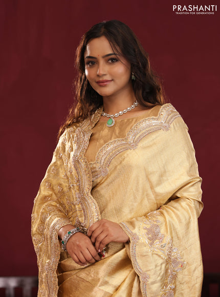 Gold pure kanchipuram tissue silk saree with embroidery border & pallu