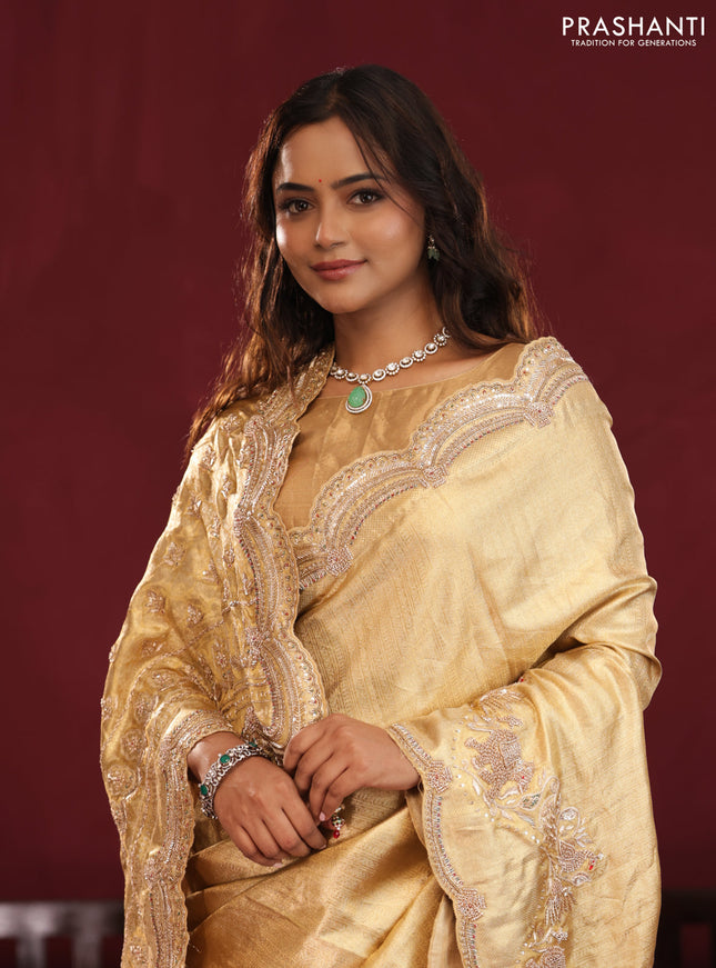 Gold pure kanchipuram tissue silk saree with embroidery border & pallu