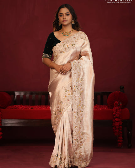 Pure kanchipuram tissue silk saree with border embroidery & velvet blouse