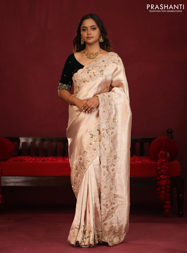 Pure kanchipuram tissue silk saree with border embroidery & velvet blouse