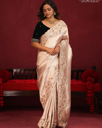 Pure kanchipuram tissue silk saree with border embroidery & velvet blouse