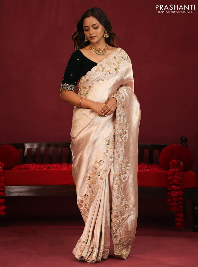 Pure kanchipuram tissue silk saree with border embroidery & velvet blouse