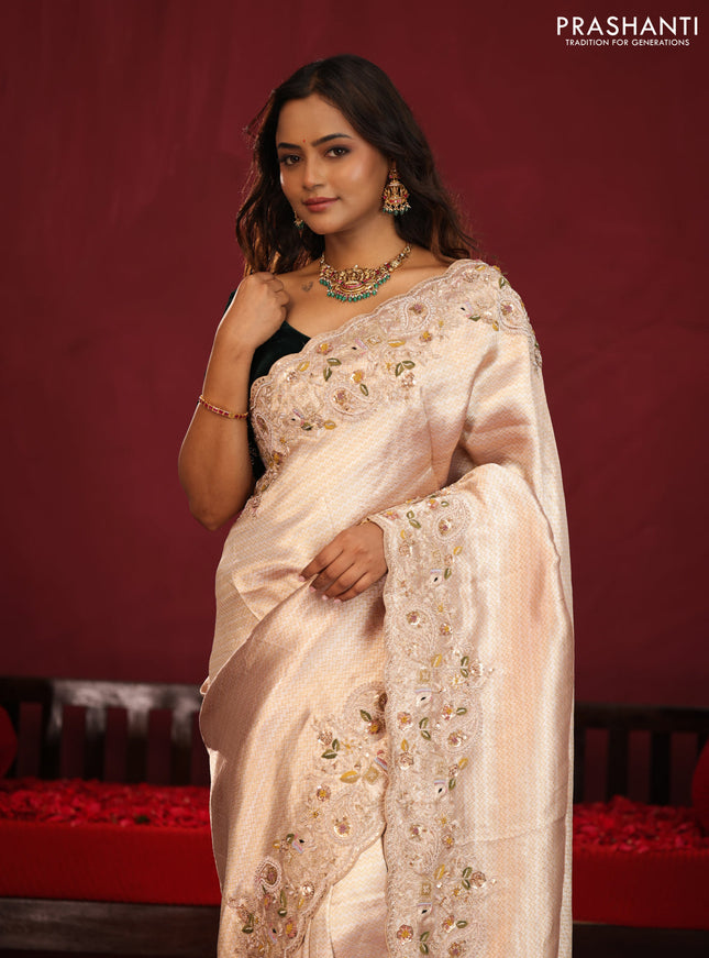 Pure kanchipuram tissue silk saree with border embroidery & velvet blouse