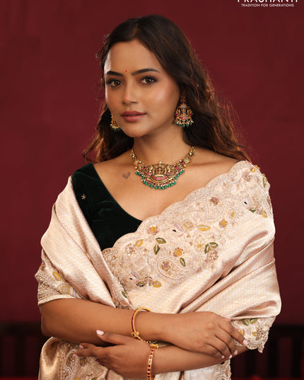 Pure kanchipuram tissue silk saree with border embroidery & velvet blouse