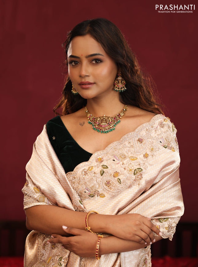 Pure kanchipuram tissue silk saree with border embroidery & velvet blouse