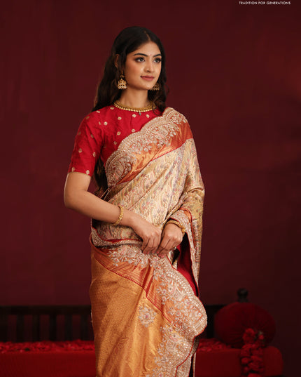 Gold & Red pure kanchipuram tissue silk saree with allover mina weaves & embroidery