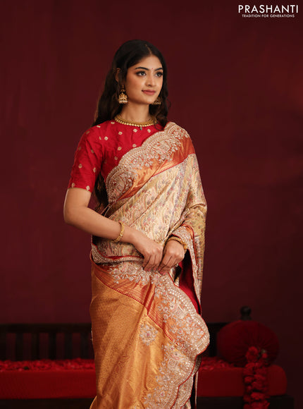 Gold & Red pure kanchipuram tissue silk saree with allover mina weaves & embroidery