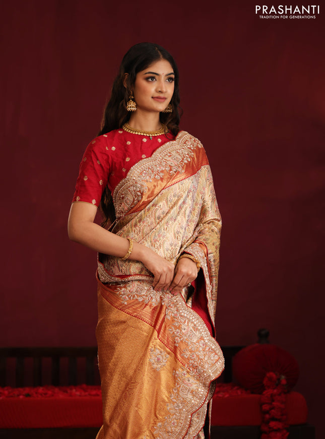Gold & Red pure kanchipuram tissue silk saree with allover mina weaves & embroidery
