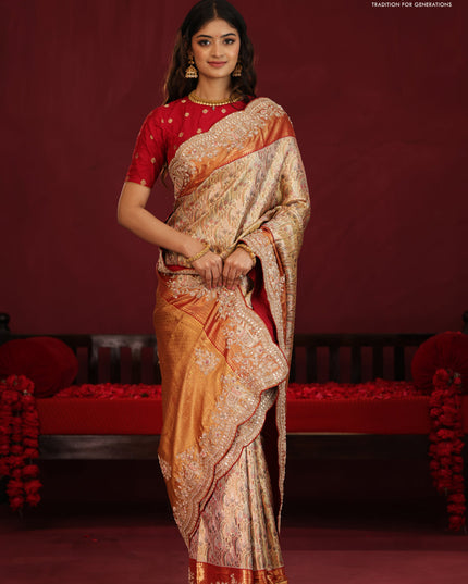 Gold & Red pure kanchipuram tissue silk saree with allover mina weaves & embroidery