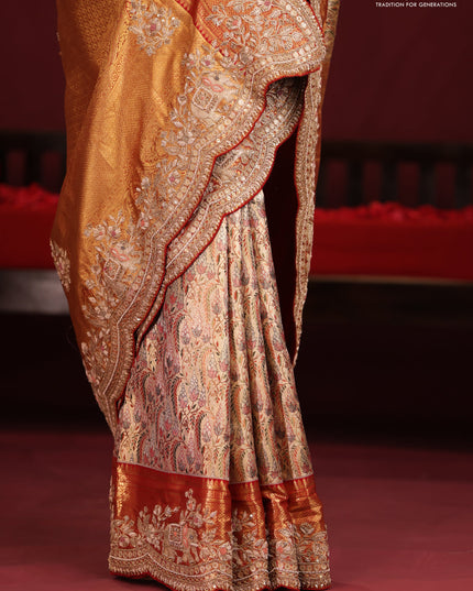 Gold & Red pure kanchipuram tissue silk saree with allover mina weaves & embroidery
