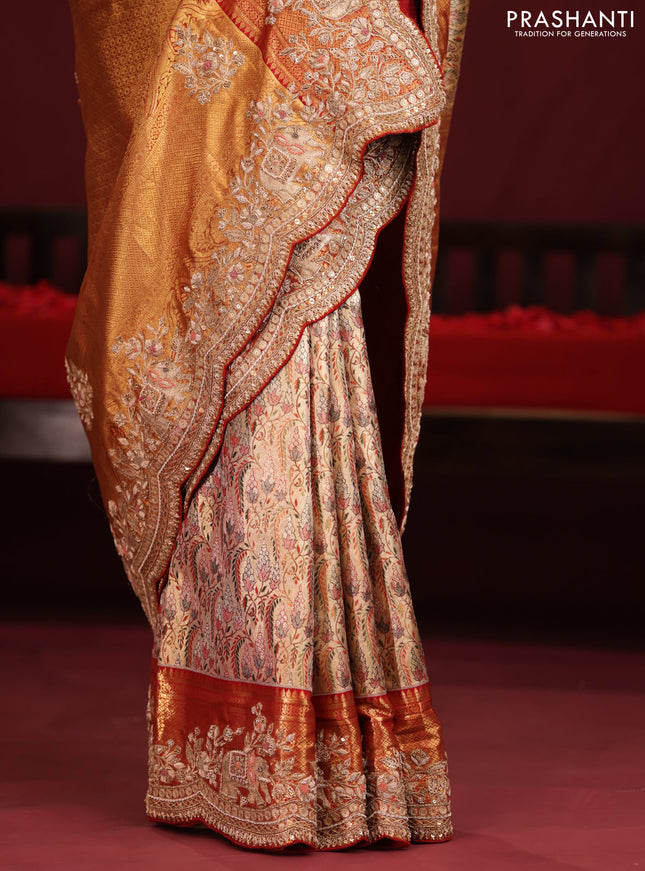 Gold & Red pure kanchipuram tissue silk saree with allover mina weaves & embroidery