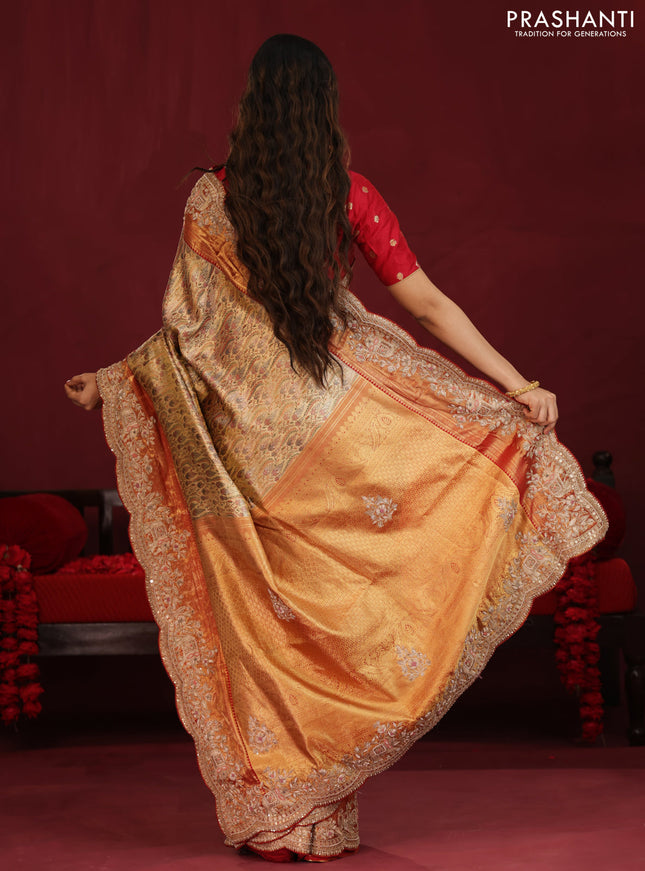 Gold & Red pure kanchipuram tissue silk saree with allover mina weaves & embroidery