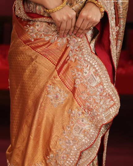Gold & Red pure kanchipuram tissue silk saree with allover mina weaves & embroidery