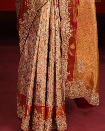 Gold & Red pure kanchipuram tissue silk saree with allover mina weaves & embroidery