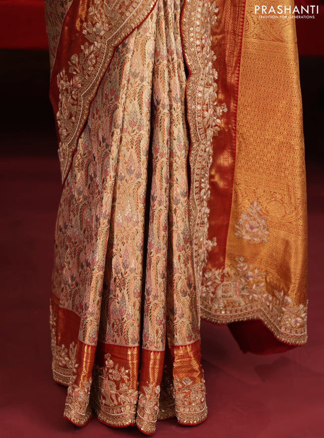 Gold & Red pure kanchipuram tissue silk saree with allover mina weaves & embroidery