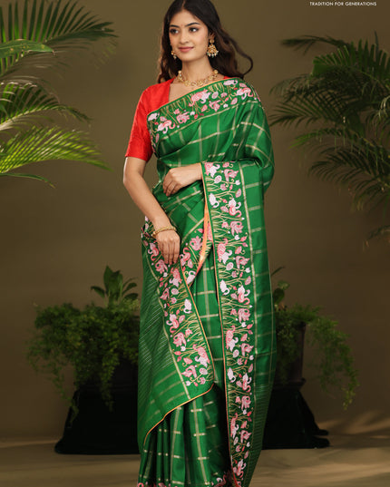 Green kanchipuram silk saree with allover zari checks & border embroidery