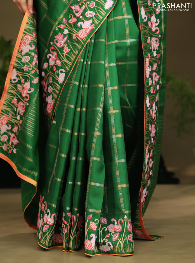 Green kanchipuram silk saree with allover zari checks & border embroidery