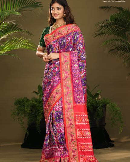 Purple & red kanchipuram silk saree with patola prints and border embroidery