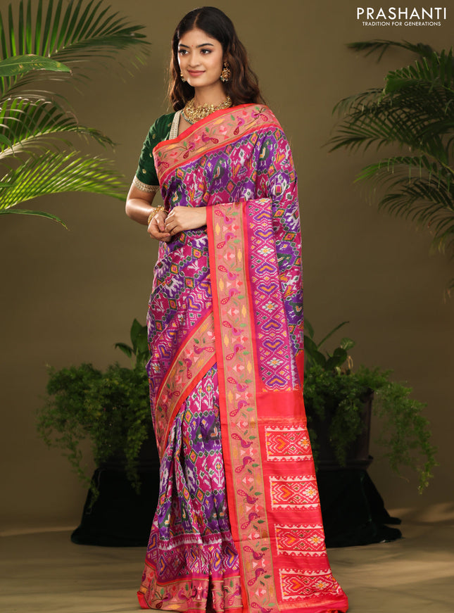 Purple & red kanchipuram silk saree with patola prints and border embroidery