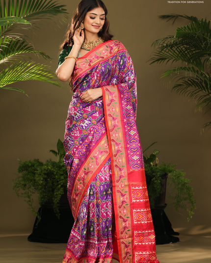 Purple & red kanchipuram silk saree with patola prints and border embroidery
