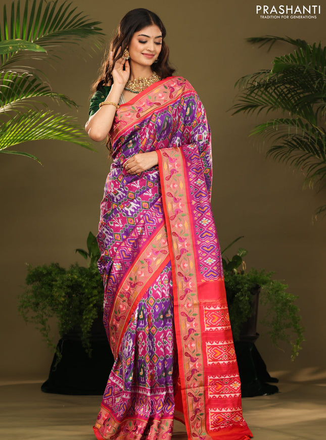 Purple & red kanchipuram silk saree with patola prints and border embroidery