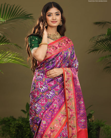 Purple & red kanchipuram silk saree with patola prints and border embroidery