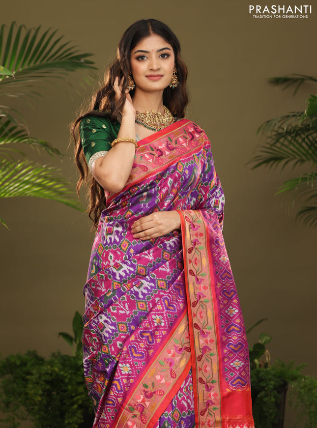 Purple & red kanchipuram silk saree with patola prints and border embroidery