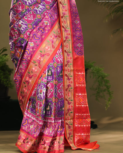 Purple & red kanchipuram silk saree with patola prints and border embroidery